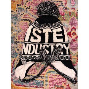 Amsterdam Black & White Big Pom Pom Tassel Braided Ski Hat Aviator Fleece Winter